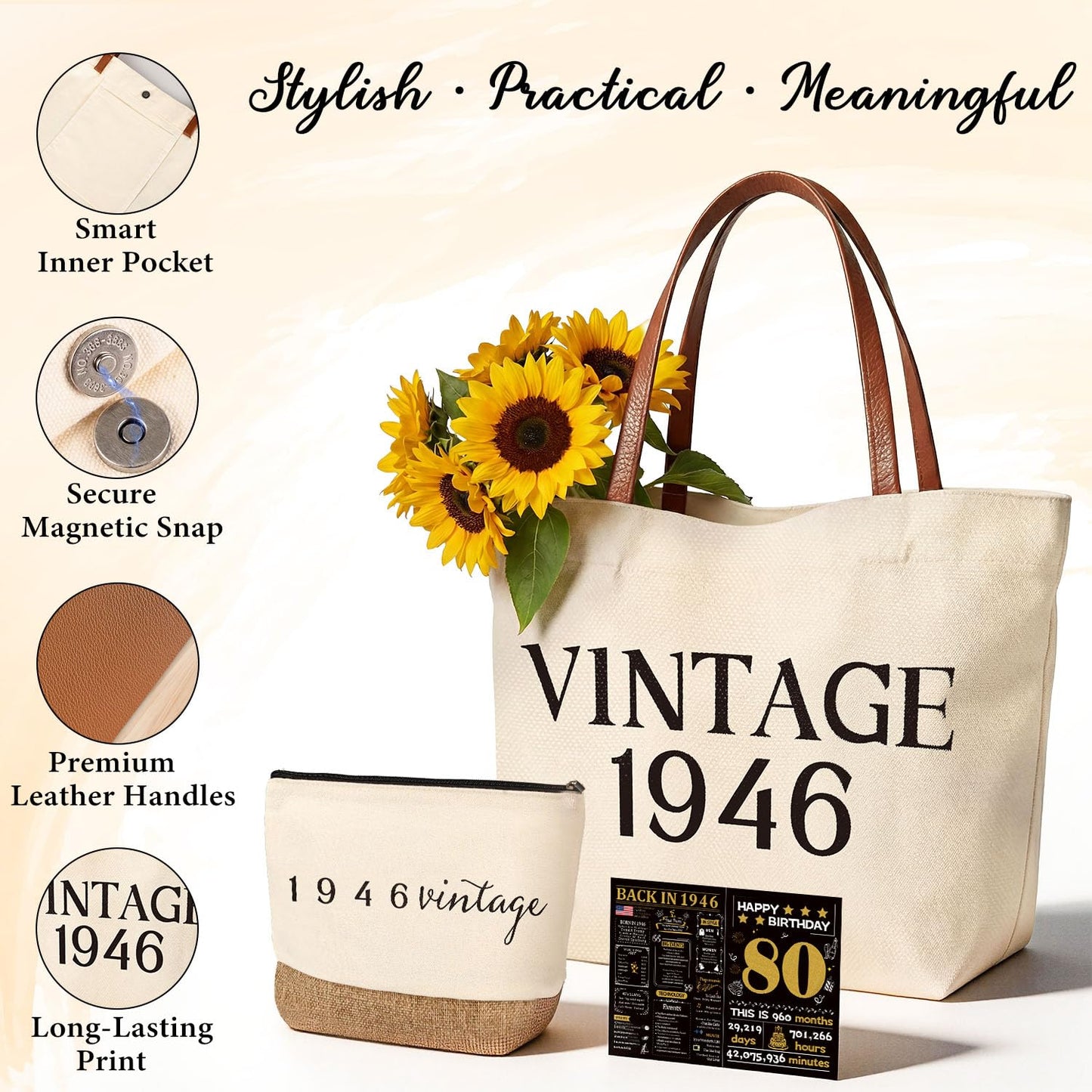 Vintage 1956 Gifts for Women, 70th Birthday Gift Set, Canvas Tote Bag with Leather Handles, Makeup Pouch & Back in 1956 Card, Gift for Her Turning 70