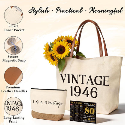 Vintage 1956 Gifts for Women, 70th Birthday Gift Set, Canvas Tote Bag with Leather Handles, Makeup Pouch & Back in 1956 Card, Gift for Her Turning 70