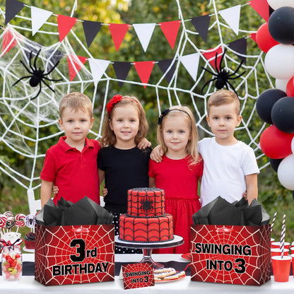 MOORIIY Spider 3rd Birthday Gift Bag with Card and Wrapping Paper, Spider 3rd Birthday Wrapping Paper Bag for Boys Red Black 3 Years Old Spider Web Bdy Decorations Supplies 11.8 x 9.4 x 5.3 inches
