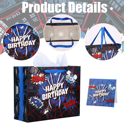Spider Theme Party Gift Bag, Cartoon Spider Web Birthday Bag with Card & Wrapping Paper for Men Kids Birthday Party Celebration Supplies