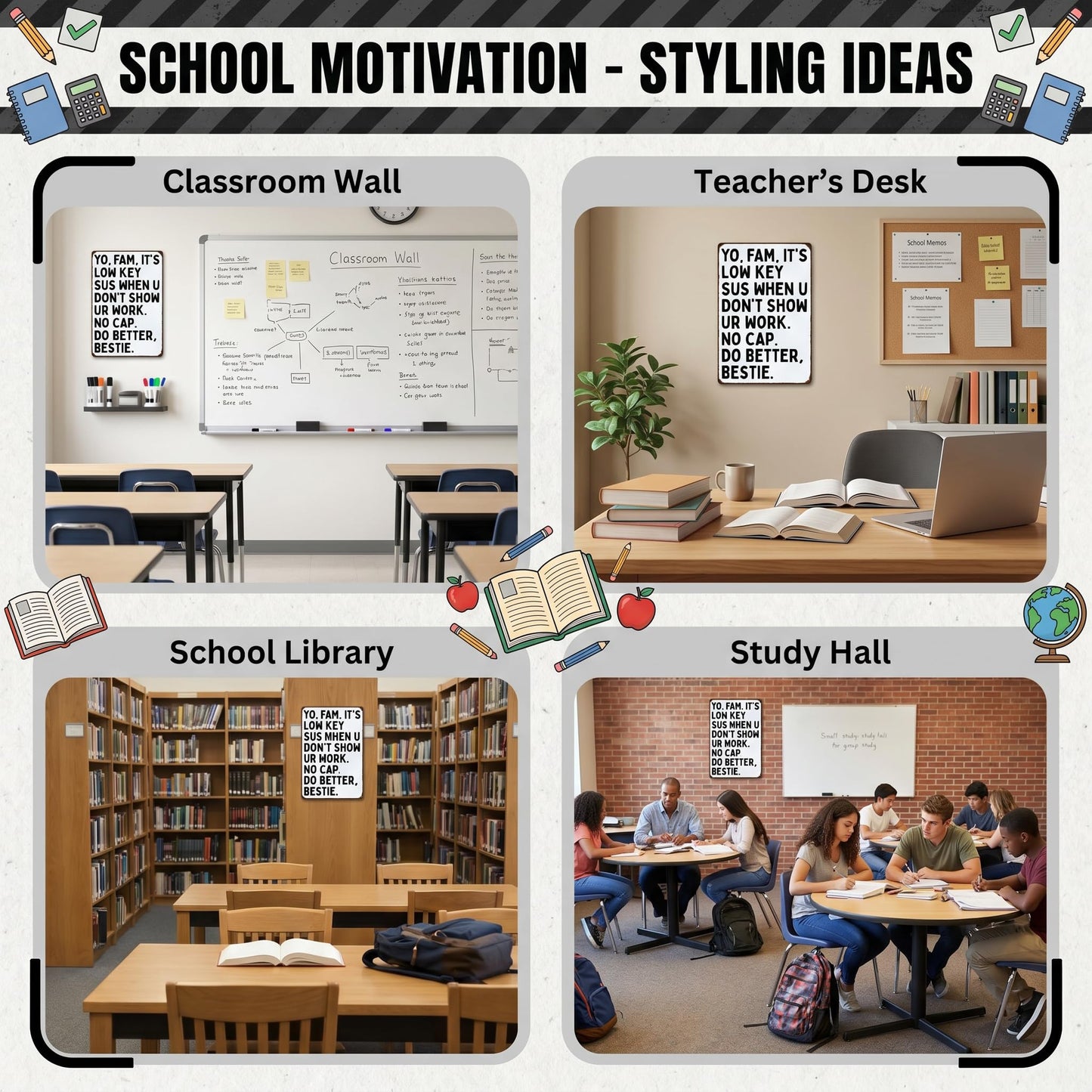 Smilelife Students Teachers Gift Funny Math/English/Science/History Class It's Low Key Sus When U Don't Show Ur Work Tin Sign for Home Classroom Study Room Wall Decor 8x12 Inch (3233)