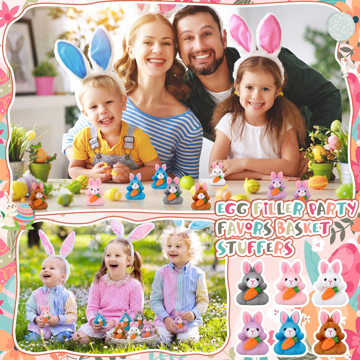 Blueweenly 24 Pcs Easter Bunny Plush Bulk Mini Bunnies Stuffed Animals Small Plush Rabbit Mini Keychains Easter Basket Stuffers Spring Egg Gifts for Prizes Goodie Bag Fillers Party Favors