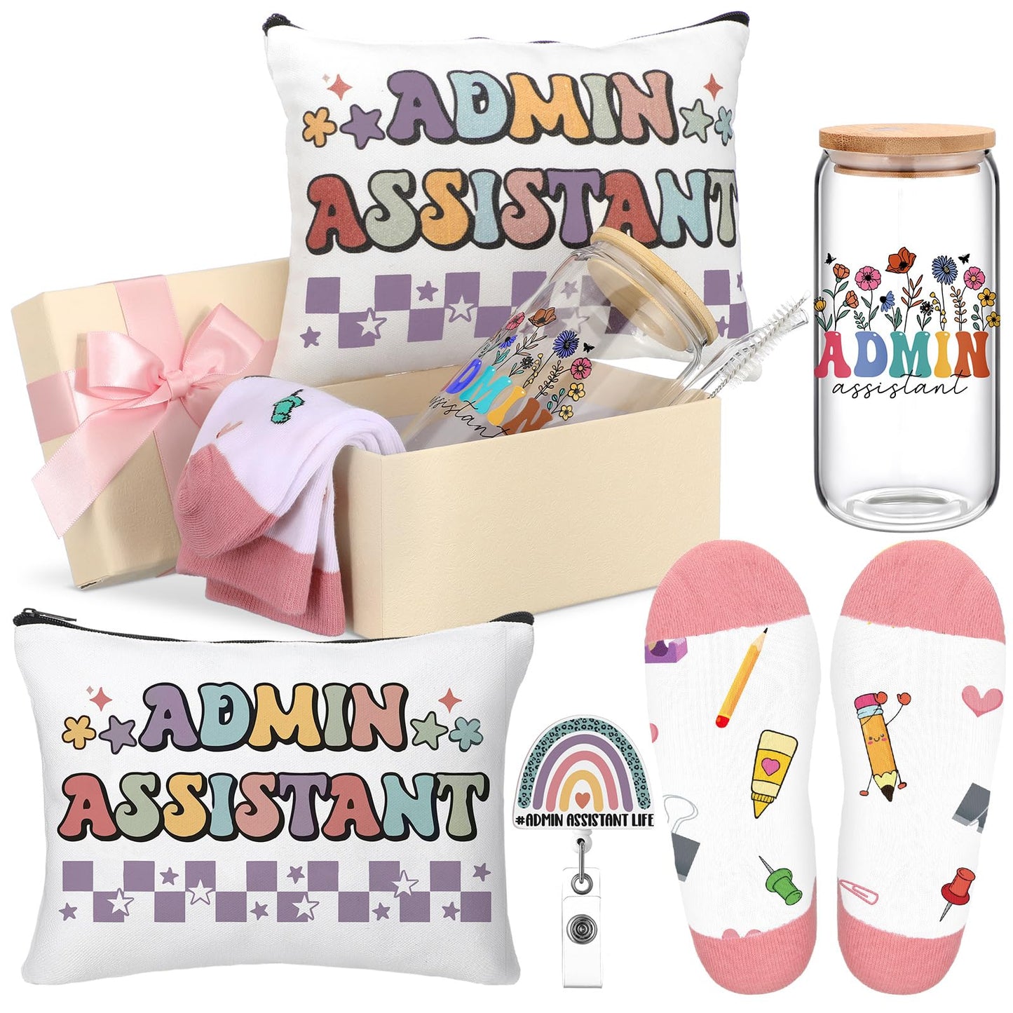 Skylety 5 Pcs Administrative Assistant Gifts for Women 16oz Glass Cup Sock Cosmetic Bag Badge Reel Admin Assistant Appreciation Gift Box for Employee Coworker Secretary Custodian Supplies