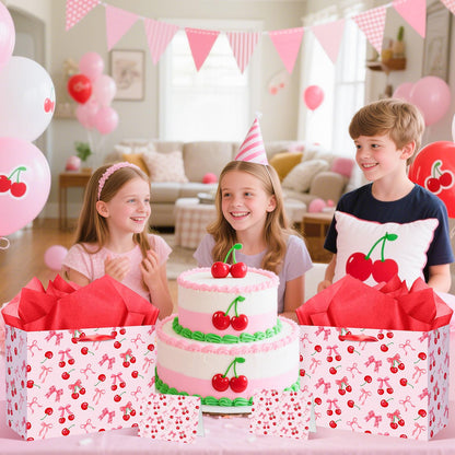 Cherry Birthday Party Gift Bag, Coquette Cherry Bow Wrapping Bag with Tissue Paper and Card Bow Fruit Themed Wrapping Paper for Girls Kids Teens Baby Shower Women Birthday Party Favors