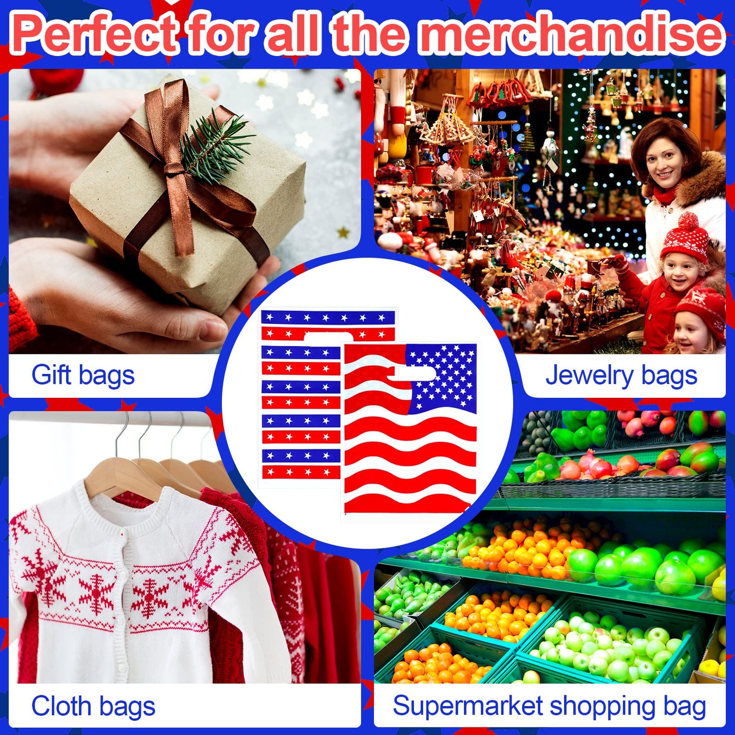 Qeeenar 100 Pcs Patriotic Gift Bags Red White and Blue Goodie Bags Bulk 4th of July Party Favor Bag with Handle Memorial Day USA Flag Merchandise Bag for 250th Anniversary Independence Day, 2 Designs
