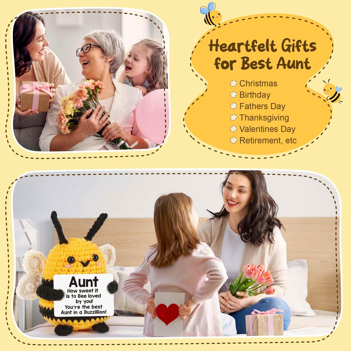 LEJIAJINW Aunt Gifts, Gift for Aunt Mothers Day Valentines Birthday, from Niece Nephew, Mother's Day for Auntie Best Aunts Ever Gifts Mini Easter Basket Stuffer Handmade Crochet Bee