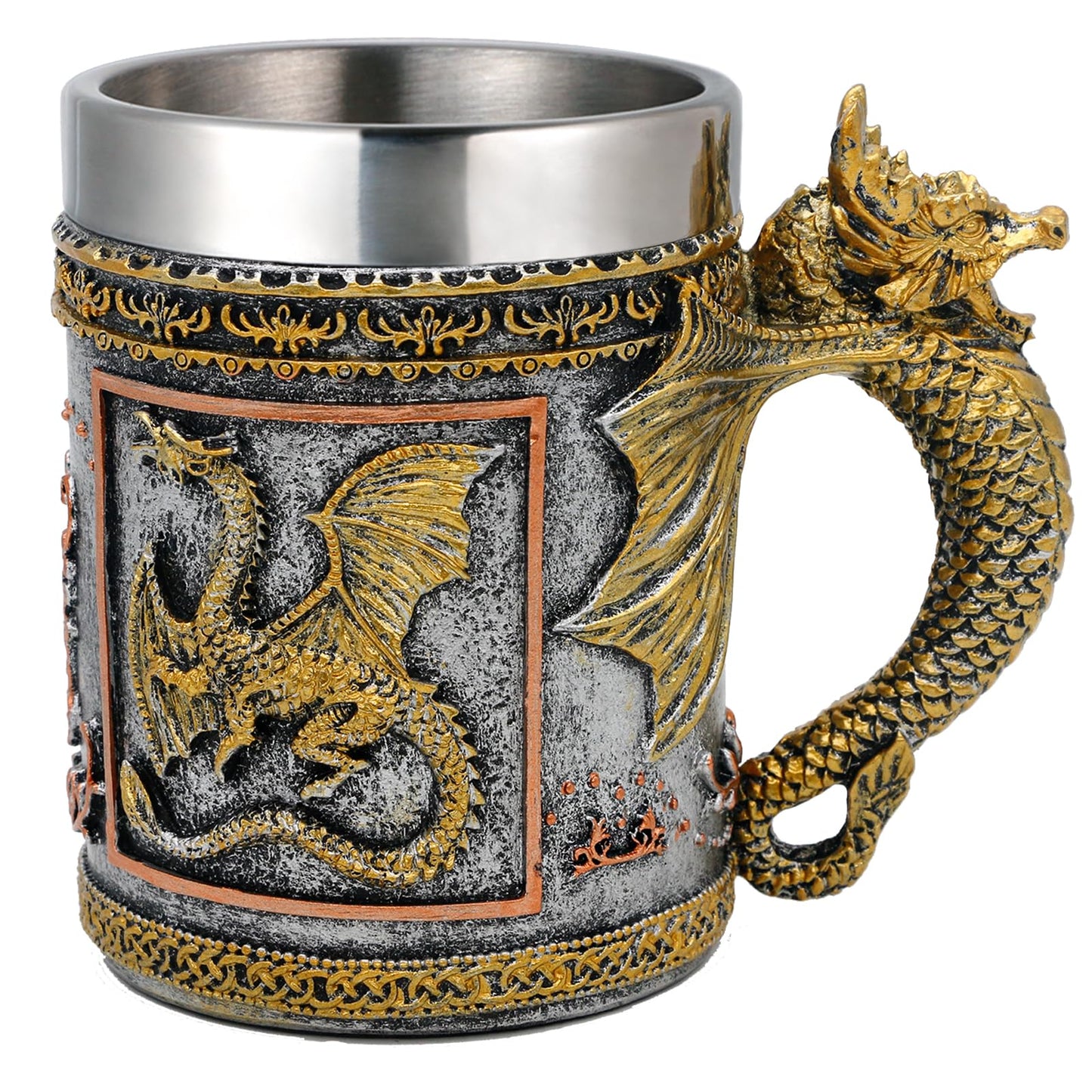 alikiki Medieval D&D Dragon Coffee Mug - 15.8oz Stainless Gold Roaring Dragon Beer Drink Mug for GOT Lovers Collector Ideal Novelty Gothic Father Day Gift Party Decoration