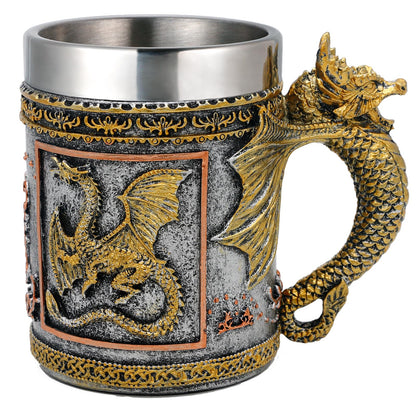 alikiki Medieval D&D Dragon Coffee Mug - 15.8oz Stainless Gold Roaring Dragon Beer Drink Mug for GOT Lovers Collector Ideal Novelty Gothic Father Day Gift Party Decoration