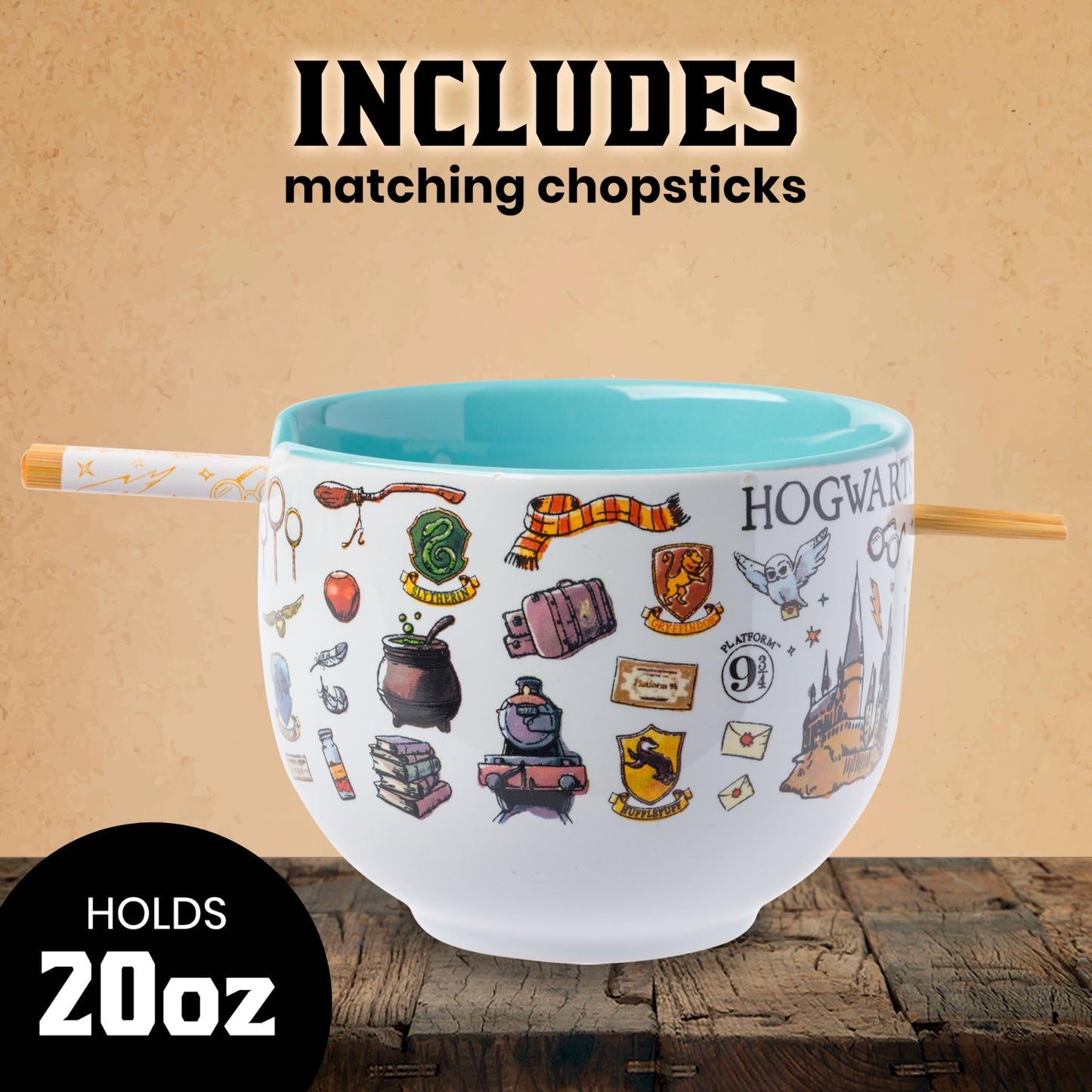 Silver Buffalo Harry Potter Icons Ceramic Ramen Noodle Rice Bowl with Chopsticks, Microwave Safe, 20 Ounces