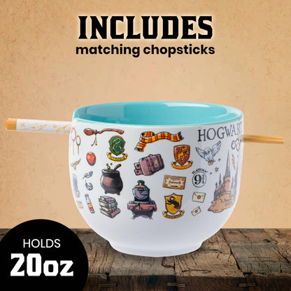 Silver Buffalo Harry Potter Icons Ceramic Ramen Noodle Rice Bowl with Chopsticks, Microwave Safe, 20 Ounces