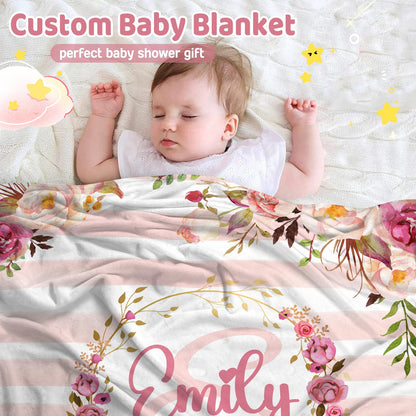 Personalized Baby Blanket for Girls with Name, Custom Baby Girl Blanket, Soft Receiving Blanket for Newborn, Personalized Baby Gifts & Personalized Blankets for Kids(Flroal Name-c)