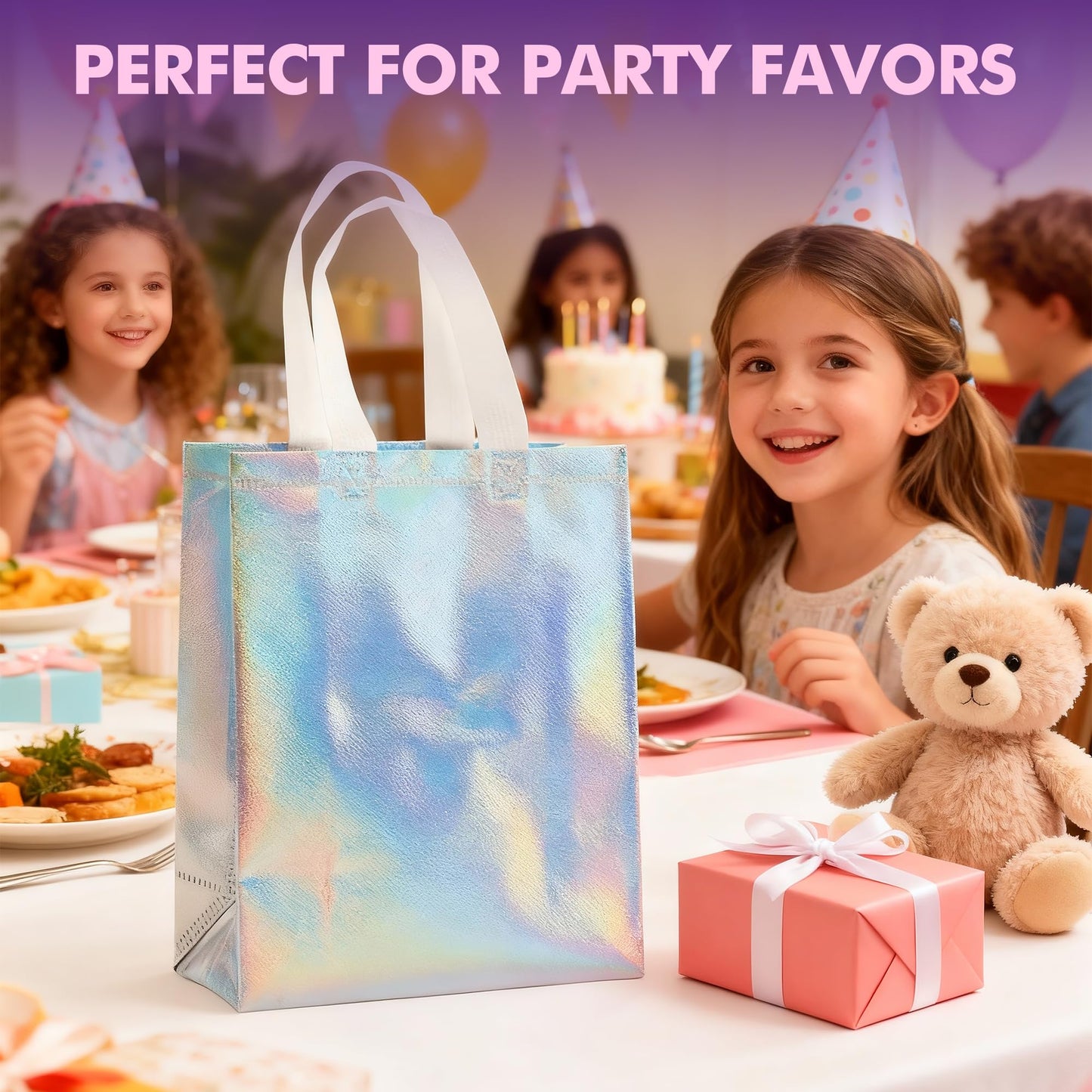 PACKINNO 15 Pcs Iridescent Gift Bags with Handles, 8x4x10 Inch Holographic Reusable Gift Bags Medium Size, Ideal for Birthday, Christmas, Party Favors, Wedding, Holidays, Valentines