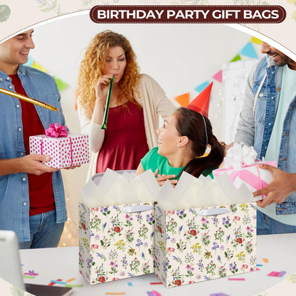 Maitys 12 Pack 12.6" Large Wildflower Gift Bags with Tissue Papers and Greeting Cards Elegant Flowers Floral Gift Wrapping Bags for Wedding Bridal Showers Birthday Baby Shower Party Decorations