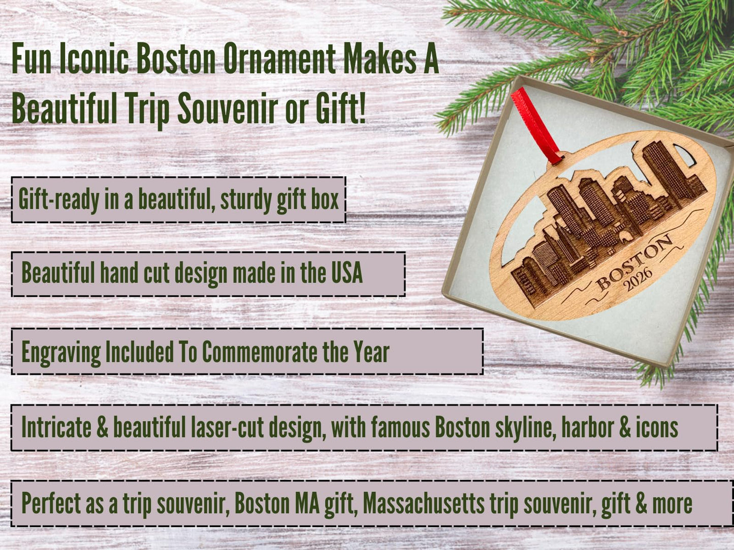 2026 Boston Christmas Ornament, City Skyline Boston Trip Souvenir or Gift Idea, Massachusetts Souvenirs, Gifts - 250 Years of America Commemorative Memento, Laser Cut Wood, with Gift Box