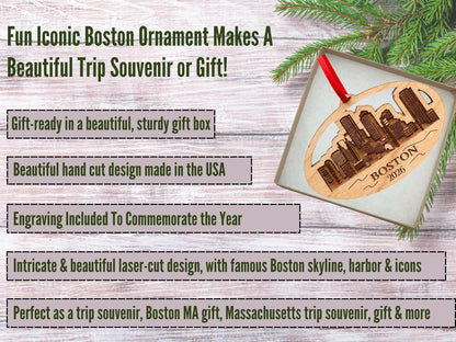 2026 Boston Christmas Ornament, City Skyline Boston Trip Souvenir or Gift Idea, Massachusetts Souvenirs, Gifts - 250 Years of America Commemorative Memento, Laser Cut Wood, with Gift Box