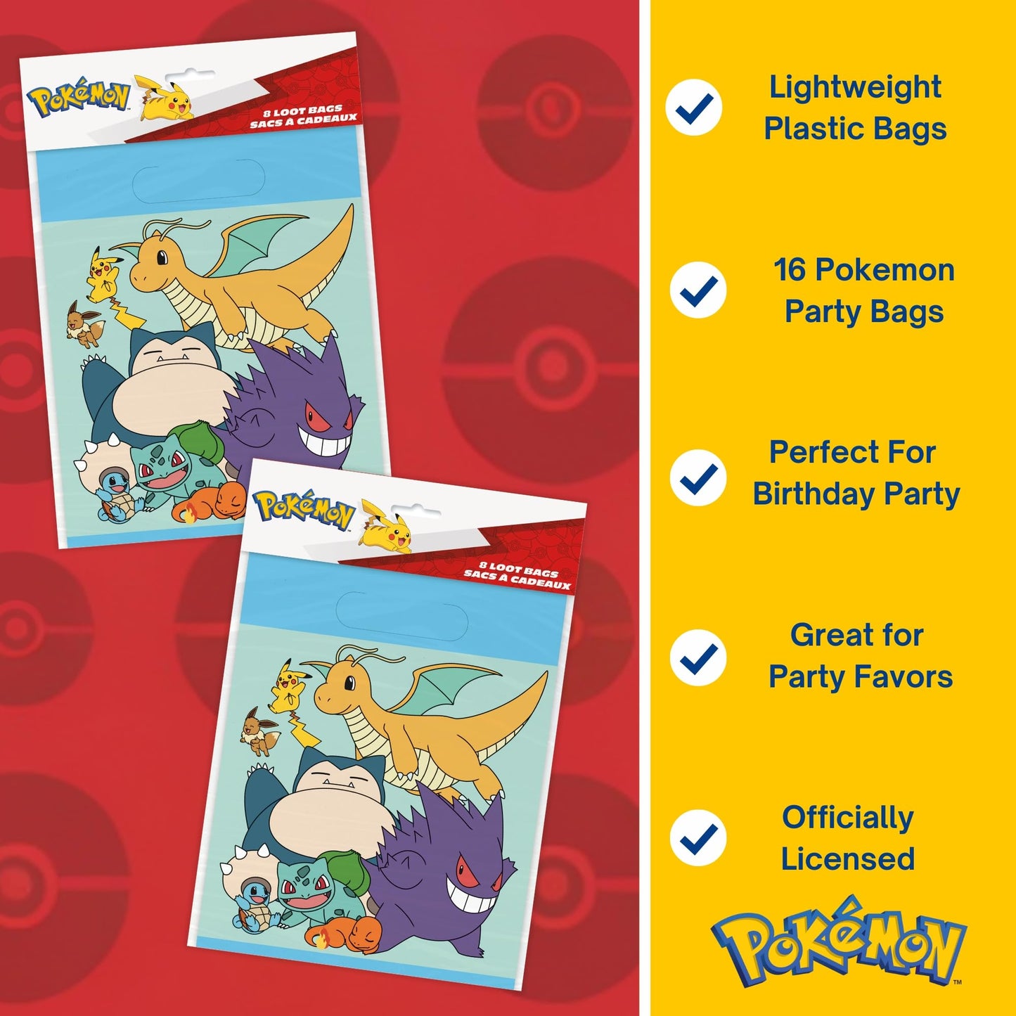 Unique Pokemon Goodie Bags | 16 Count | Plastic Party Favor Bags - Pokemon Birthday Party Decorations and Supplies, includes Checklist | Officially Licensed