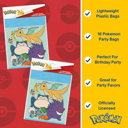 Unique Pokemon Goodie Bags | 16 Count | Plastic Party Favor Bags - Pokemon Birthday Party Decorations and Supplies, includes Checklist | Officially Licensed