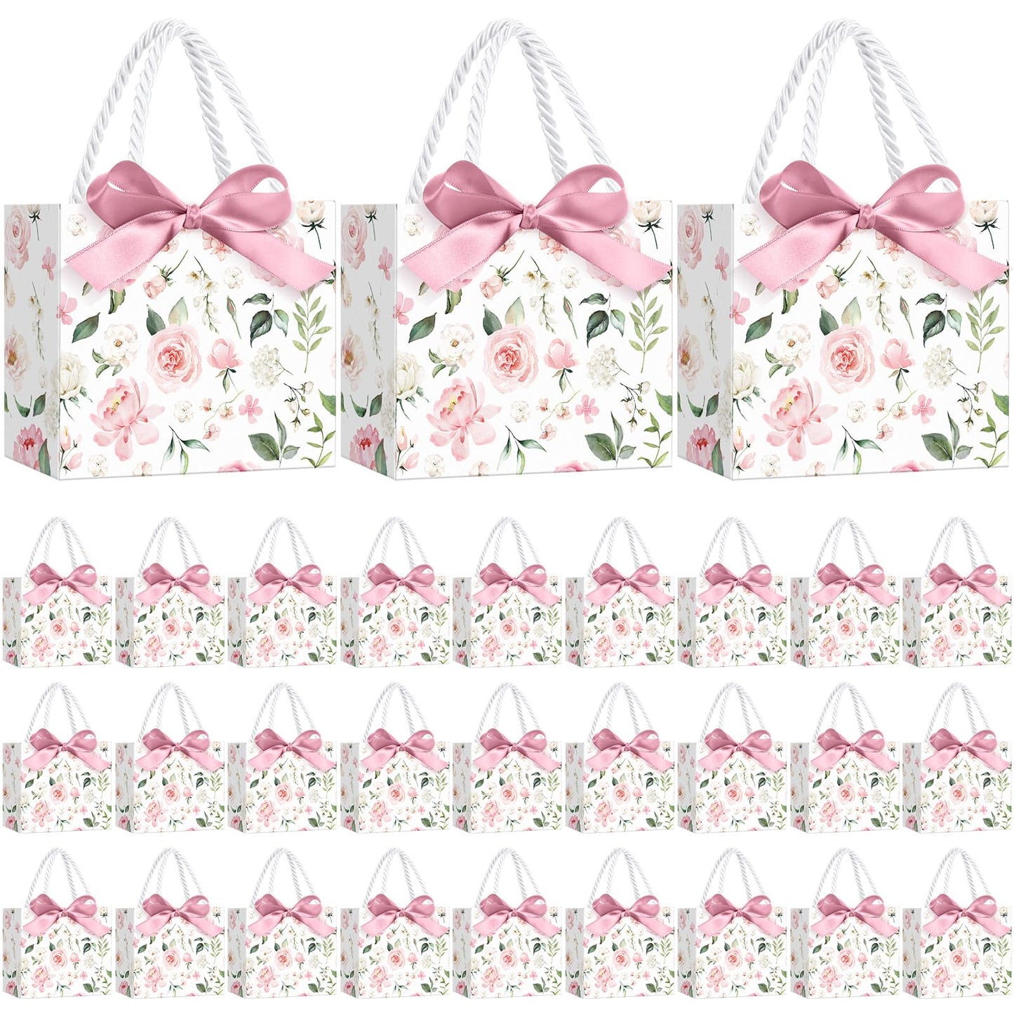 Moinchore 30 Pcs Pink Floral Paper Gift Bags with Ribbon Handles, 5.5 x 4.7 x 2.5 in Medium Decorative Favor Bags for Baby Shower, Bridal Party, Wedding, Birthday, Candy, Snacks and Small Gifts