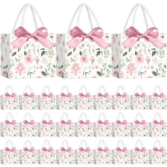 Moinchore 30 Pcs Pink Floral Paper Gift Bags with Ribbon Handles, 5.5 x 4.7 x 2.5 in Medium Decorative Favor Bags for Baby Shower, Bridal Party, Wedding, Birthday, Candy, Snacks and Small Gifts