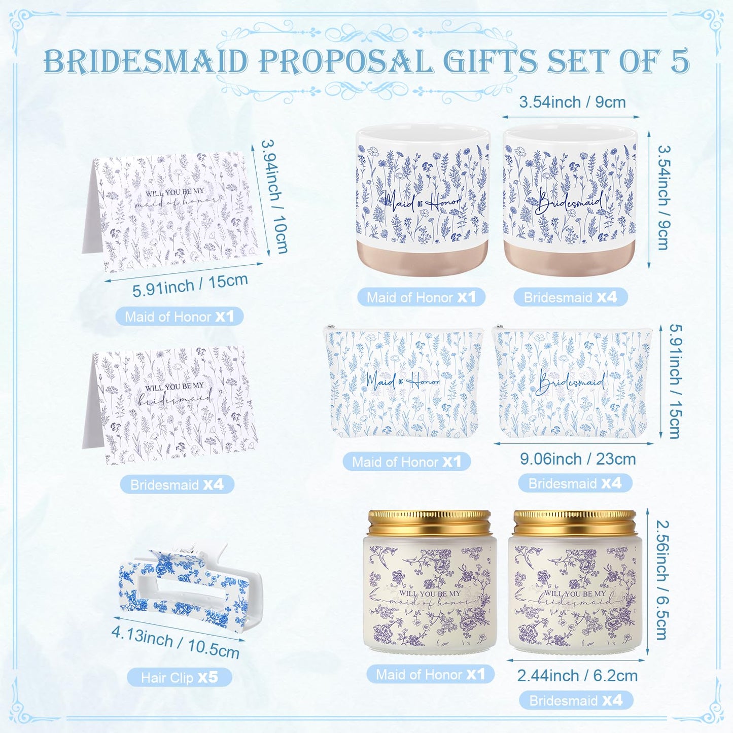Nuanchu 25 Pcs Wedding Bridesmaid Proposal Gifts Maid of Honor Something Proposal Gift Ceramic Cup Bridesmaid Makeup Bag Invited Card Hair Claw Clip Lavender Scented Candle for Bridal Party(Blue)