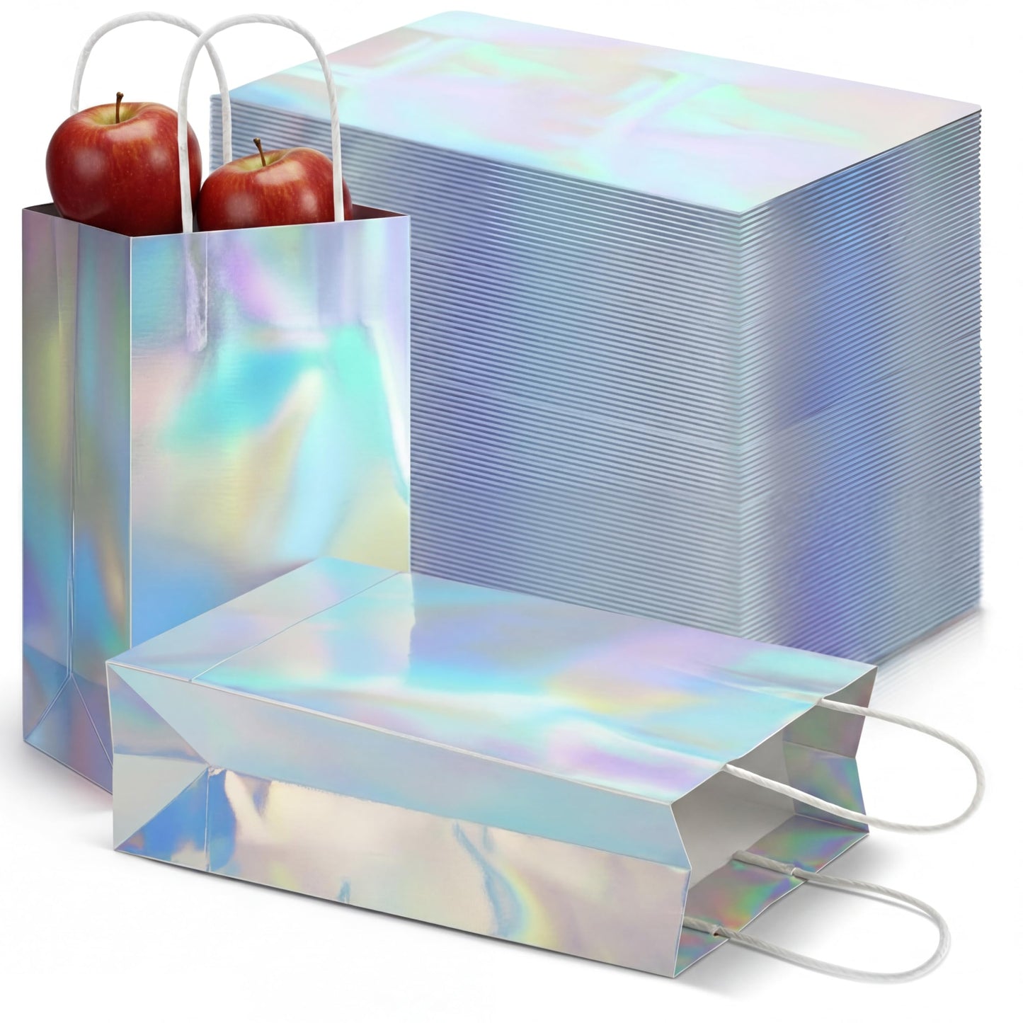 Estune 60 Pcs Iridescent Gift Bag Bulk Thickened Holographic Party Favor Bag with Handle 8.3 x 5 x 3.2in Glossy Paper Candy Goodie Flower Handbag Kpop Disco Wedding Birthday Graduation Party Supply