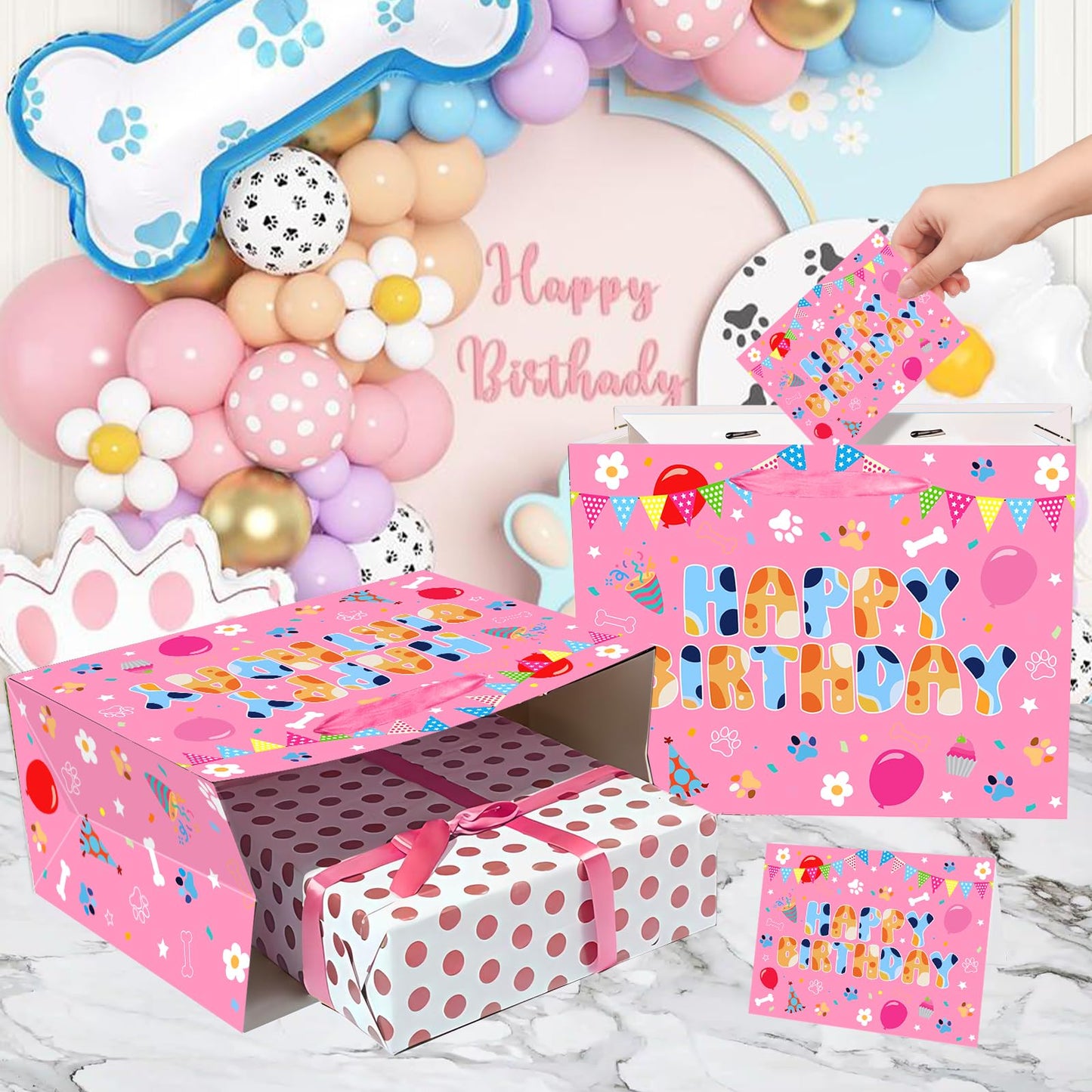 Cartoon Pink Dog Birthday Gift Bag with Wrapping Paper and Greeting Card Cute Hot Pink Dog Gift Wrap Paper Bags Large Cartoon Birthday Party Favor Bags Decorations for Girls Boys Party Supplies