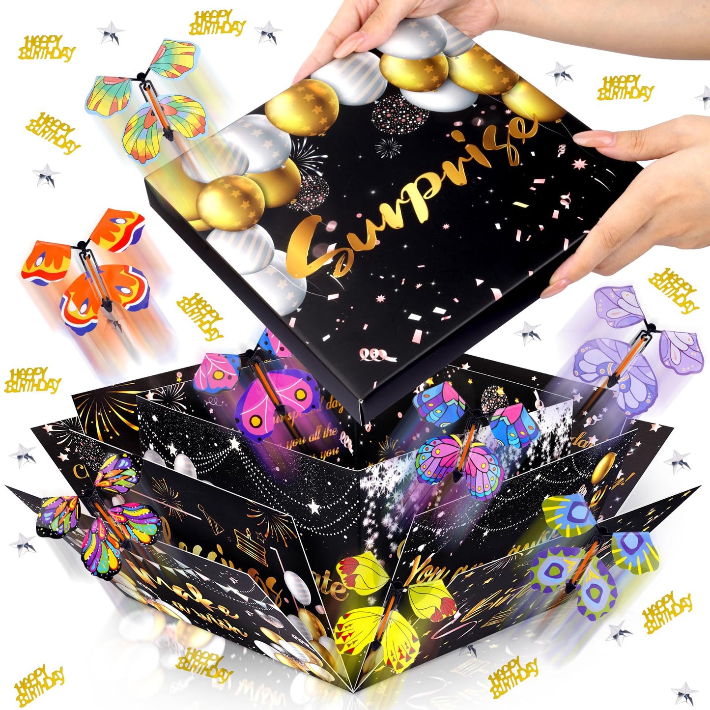 Surprise Gift Box Explosion, Birthday Flying Butterfly Explosion Gift Box with 8 Colorful Butterfly Sequins Raffia, Exploding Gifts Boxs for Birthday Gifts Wrapping