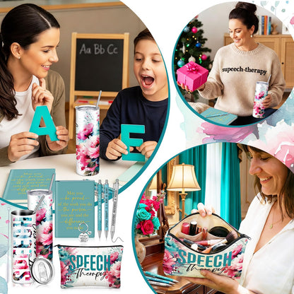 Patelai 7 Pcs Speech Therapy Gifts for Women Teachers Day Language Pathologist Gifts Set for Slp Assistant Therapist Pathologist Include Notebook Tumbler Makeup Bag Pen Essentials(Pink Floral)