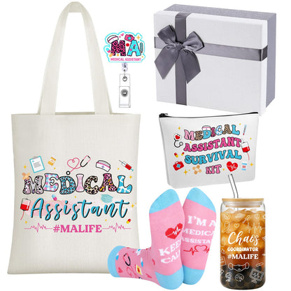 Mimorou 6 Pcs Medical Assistant Gift Set for Women Canvas Tote Bag Cosmetic Bag 16oz Glass Cup Pink Glitter Badge Reel Novelty Socks Unique Appreciation Gifts for Medical Assistants Nurse Week