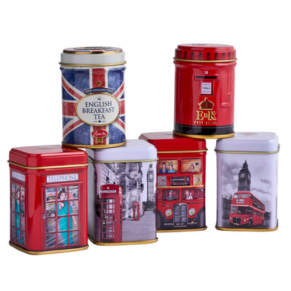 New English Teas British Icons 6x Tea Tin Gift Pack with 140g Loose English Tea - Union Jack, London Bus and Phone Box, UK Souvenir