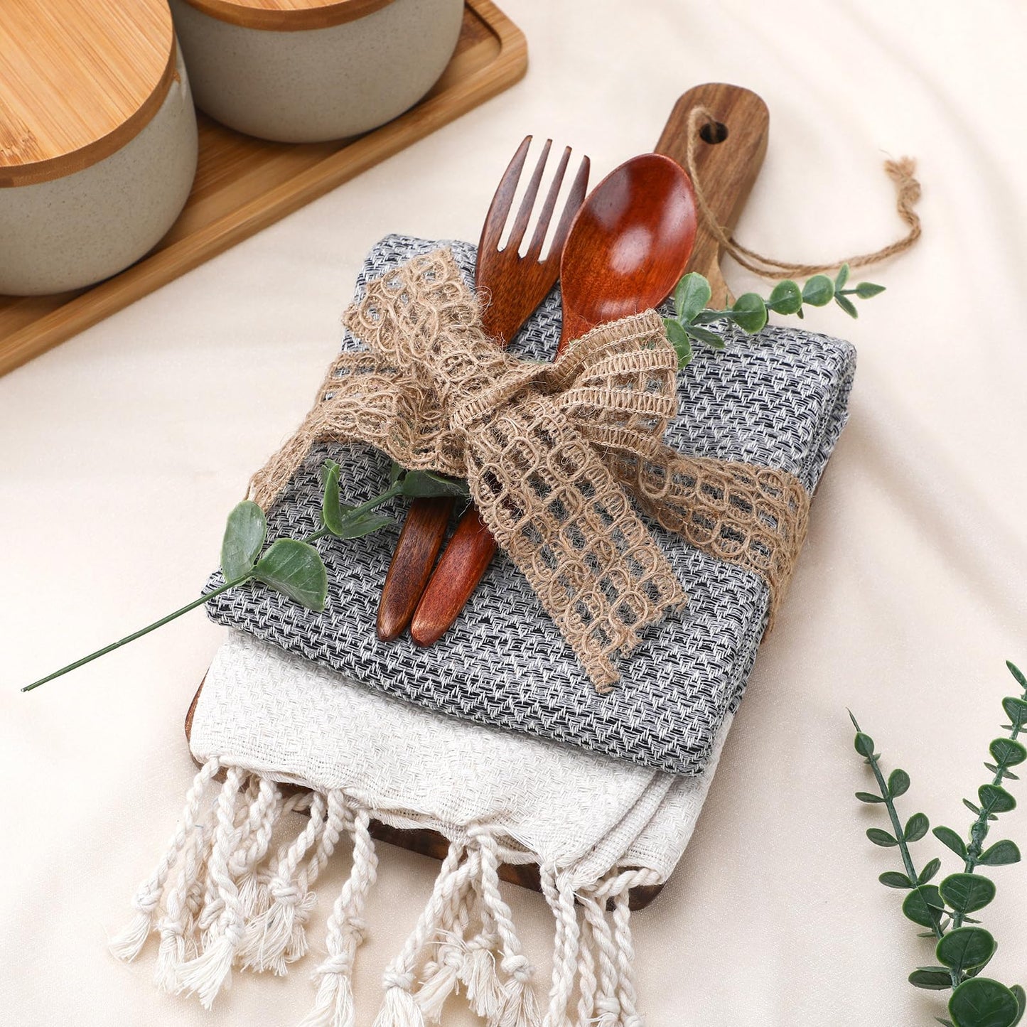 Reallnaive 6 Pcs Hostess Gifts Set for Women Housewarming Gifts Include Cutting Board Cotton Turkish Hand Towel Spoon Fork Eucalyptus Stem and Hemp Rope for Wedding Party Newlywed Homeowner Kitchen