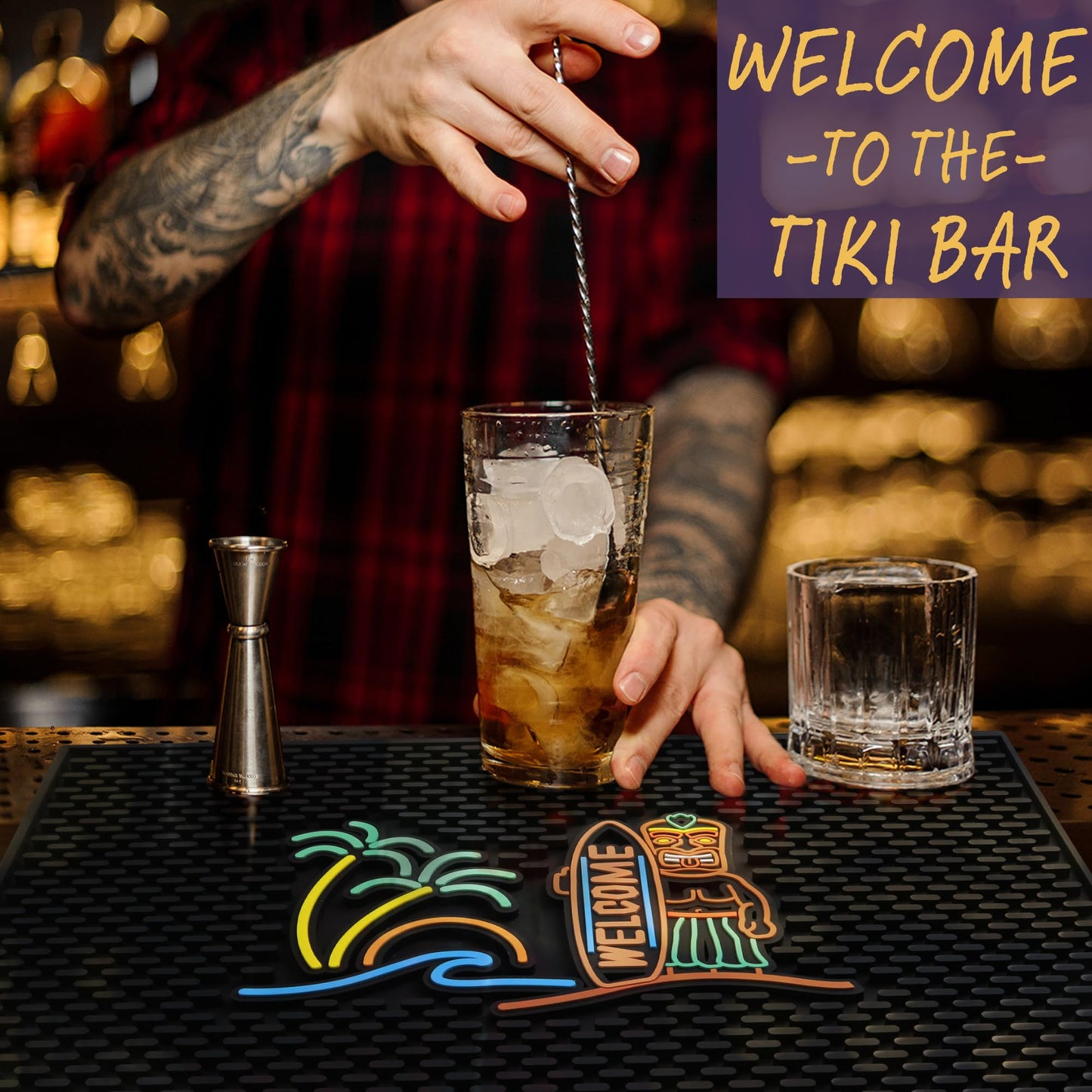 Welcome Tiki Bar Mat 18x12 in, Silicone Tiki Decor, Surfboard Welcome Sign Greeting, Tropical Home Accessories, Luau Party Decorations, Host Gift, Bar Cart Decor