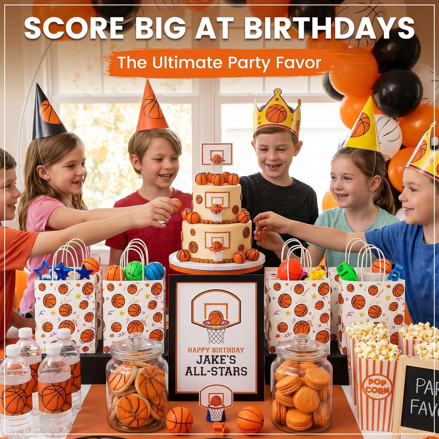 VGOODALL 24 Pack Gift Bags, 5.5" x 2.8" x 8" Basketball Party Favor Bags with Handles for Sports Themed Party Girls Boys Birthday Decoration