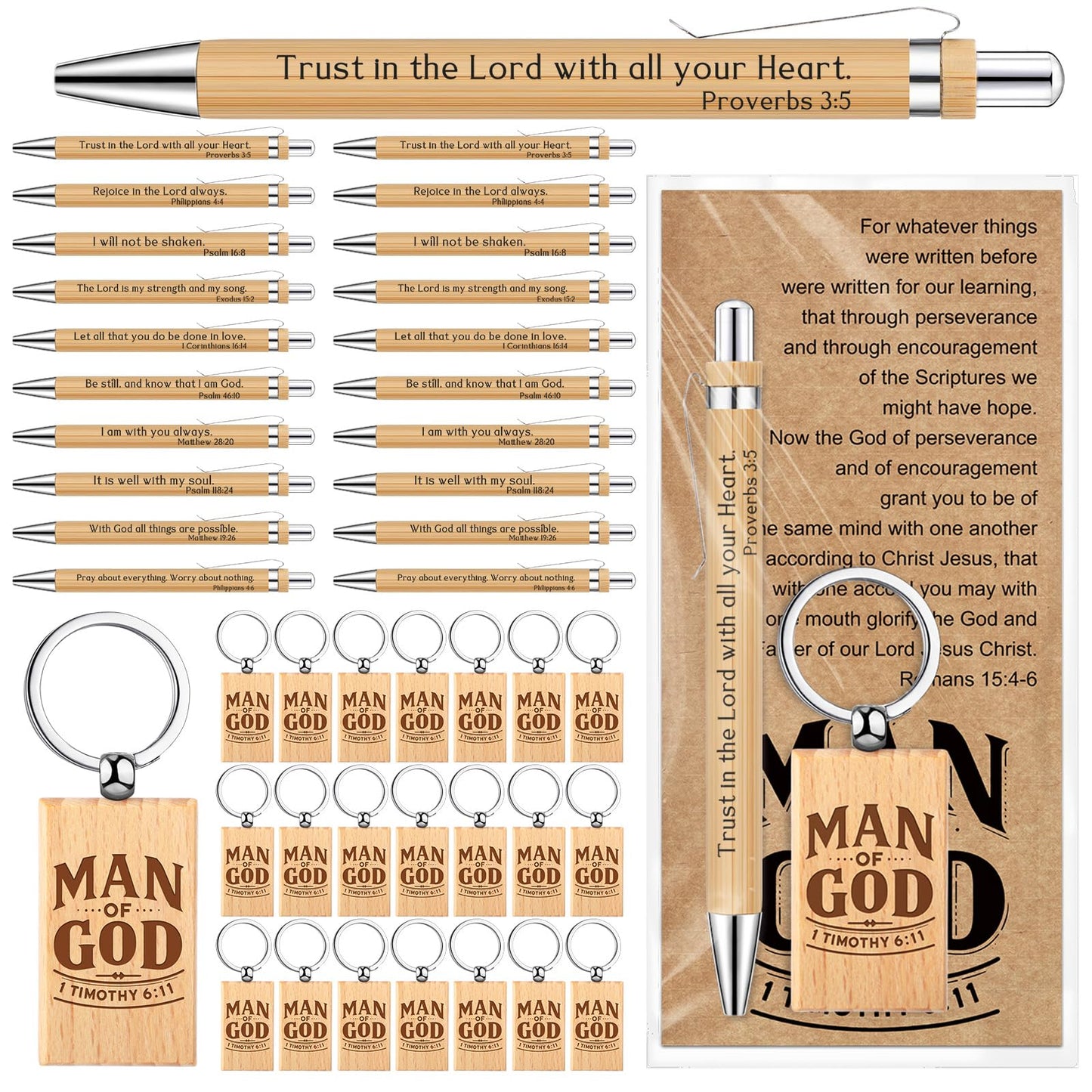 Chiisong Christian Gift Set for Men, Man of God Keychain Bamboo Pen Scripture Card for Father's Day Teacher Religious Church