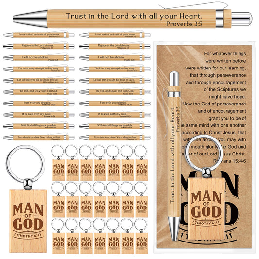 Chiisong Christian Gift Set for Men, Man of God Keychain Bamboo Pen Scripture Card for Father's Day Teacher Religious Church
