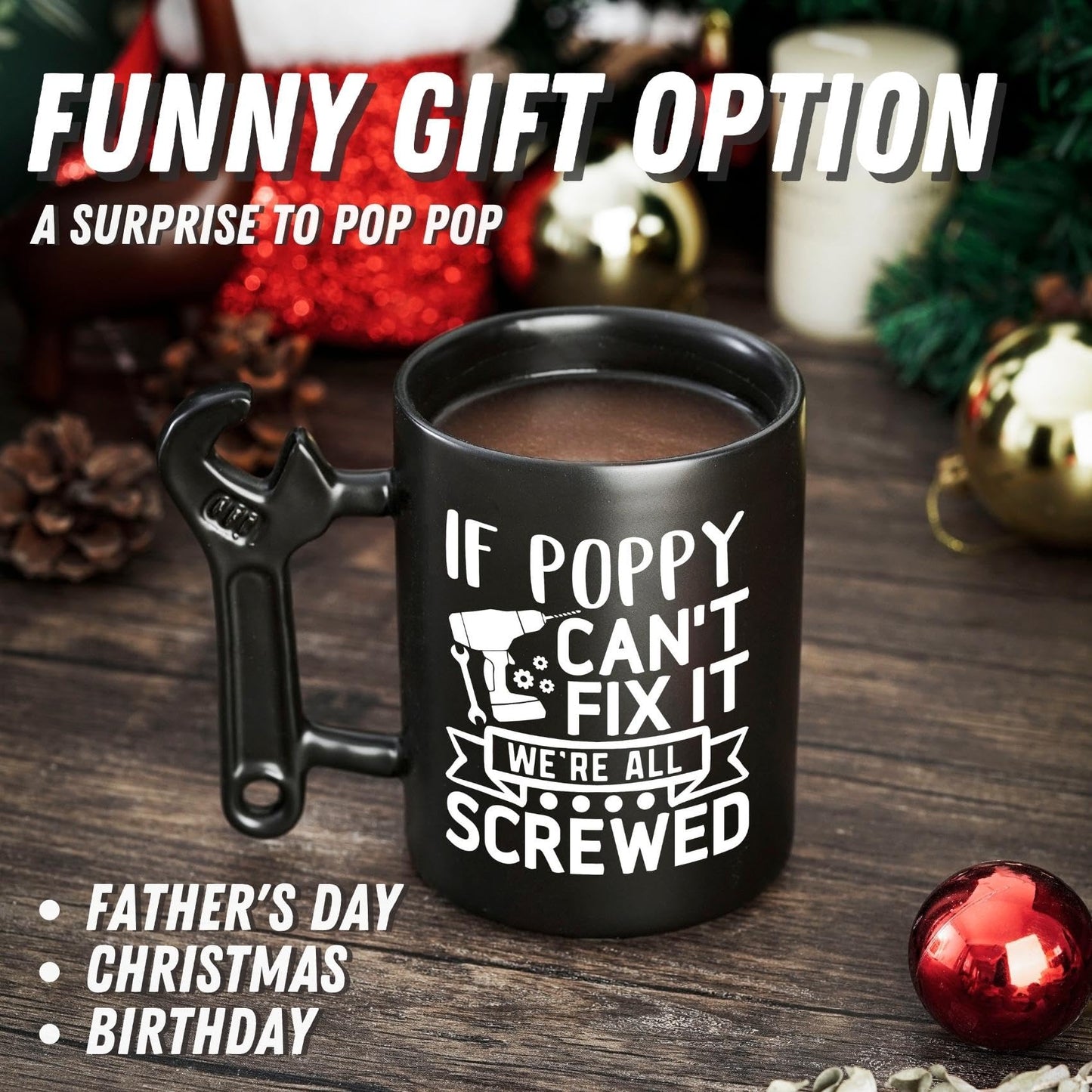 Onebttl Poppy Gifts for Fathers Day, Christmas, Coffee Mug with Wrench Handle, 13.5oz/400ml Funny Mug for Grandpa
