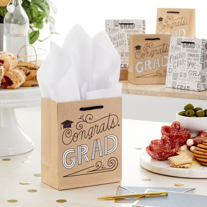 Hallmark 6" Small Graduation Gift Bag Bundle (8 Bags, 2 Designs: Kraft Congrats, Grad, Black and White) for High School Graduates, Preschool, Kindergarten, College, Open House Party Favors