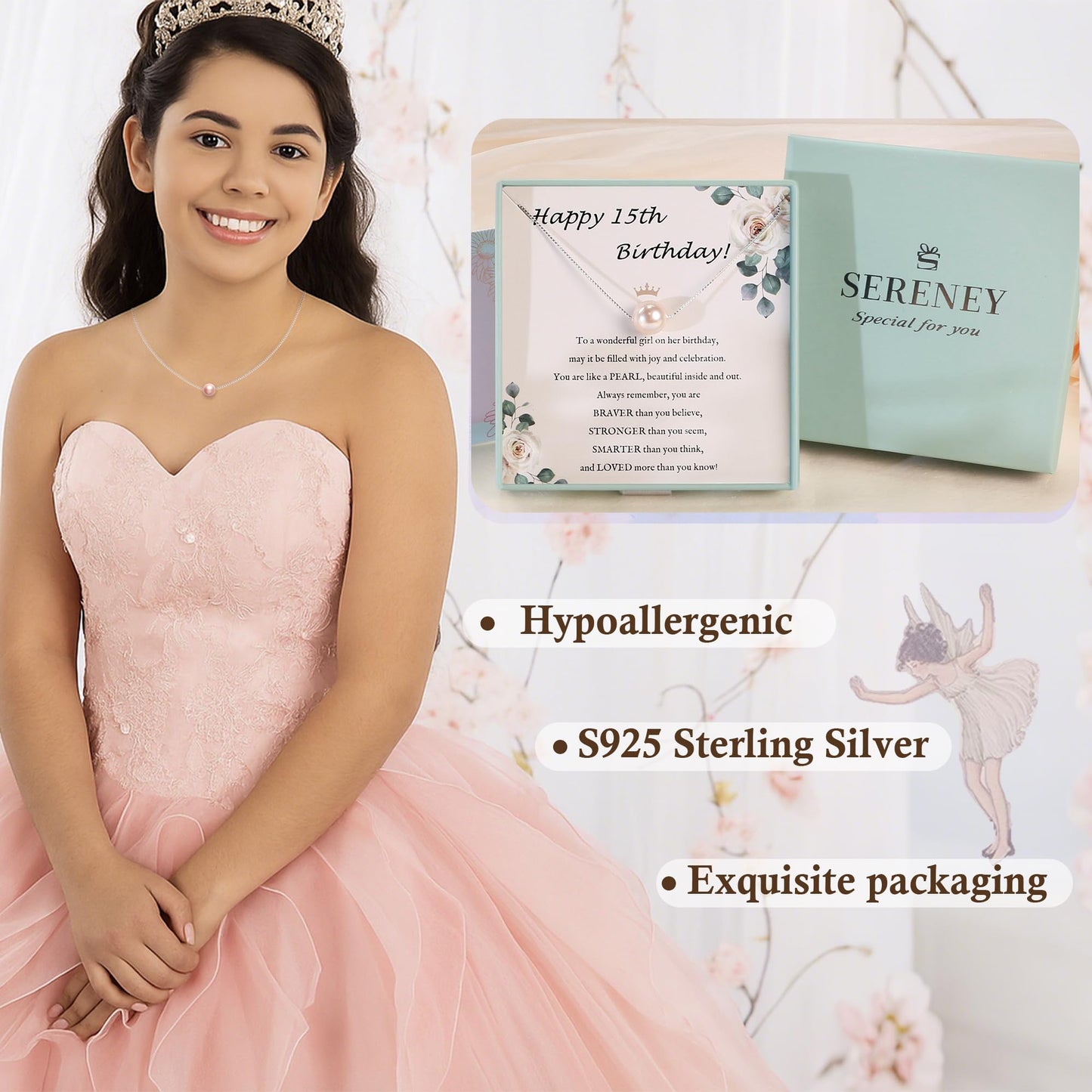Sereney Sterling Silver Birthday Gifts for Girls Women, Pearl Necklace as 7 9 10 11 13 15 16 18 21 30 40 50 60 Year Old Birthday Gifts, Single Pearl Necklace as Bday Gifts for Friends