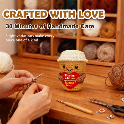 Thank You & Appreciation Gift for Women Men, Coworkers, Teachers, Friends – Cute Handmade Crochet “Thanks a Latte” Coffee Cup Plush for Coffee Lovers
