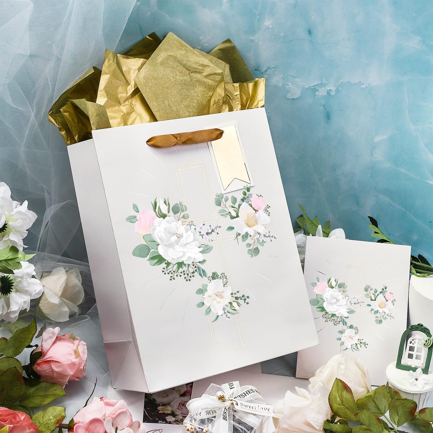 LeZakaa 13" Cross Gift Bag with Flower Design, Silver Christian Gift Bag with Tissue Paper, Gift Tag and Card for Christenings, Religious First Holy Communion, Confirmation, Weddings, Clergy Day