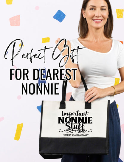 InnoBeta Nonnie Gifts Canvas Tote Bag for Grandma, Important NONNIE Stuff Bag with Top Zipper Closure and Shoulder Strap for Birthday, Mother's Day, Christmas