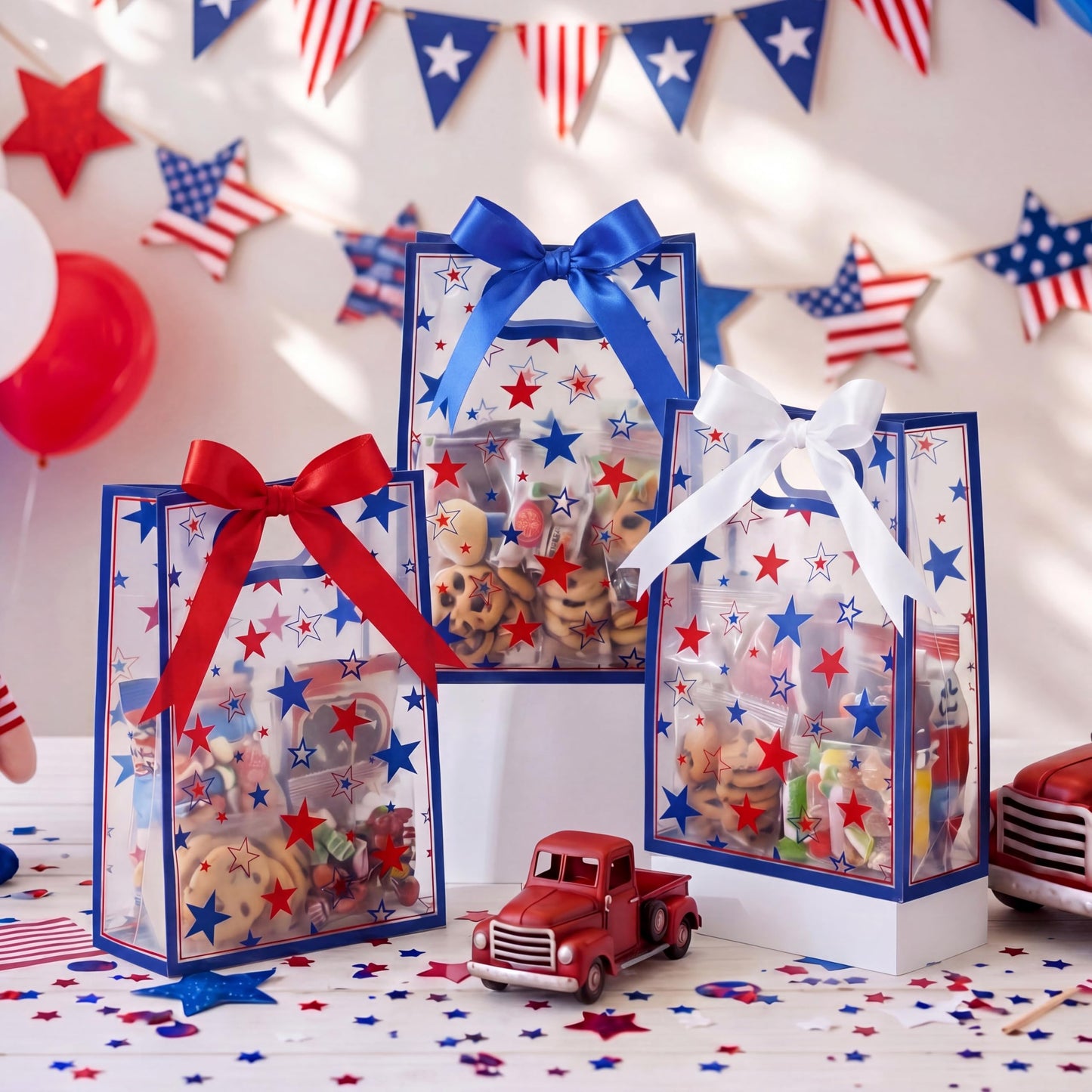 Aliceset 12 Pack Patriotic Clear Gift Bags with Handles Red White Blue Goodie Bags with Bow Ribbon Independence Day 4th of July Decor for USA Veterans Candy Snacks Treat Party Favor, 10x7x3.15''