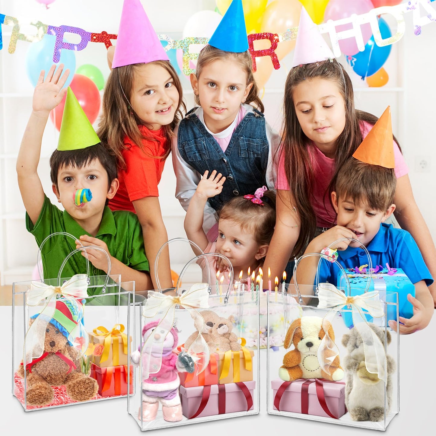 Ohuimrt 20 PCS Clear Plastic Gift Bags with Handles, 9.84 x 9.84 x 3.54 Inches Reusable Party Favor Bags with Ribbon Transparent Gift Wrap Bags Bulk for Weddings Birthdays