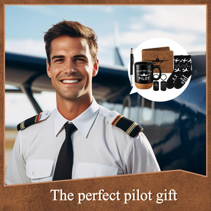 5 Pcs Pilot Gifts for Men Dad's Gifts Set Include Sock and Ceramic Mug Leather Wallet 6 in 1 Multi Tool Pen Keychain Dad Present from Son Daughter Husband Present