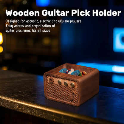 CoolGift Mart Guitar Pick Holder, Walnut Wood Amp Styled Guitar Pick Case for Picks Storage and Display, Guitar Gifts Accessories for Men Guitarists Guitar Players Music Lovers