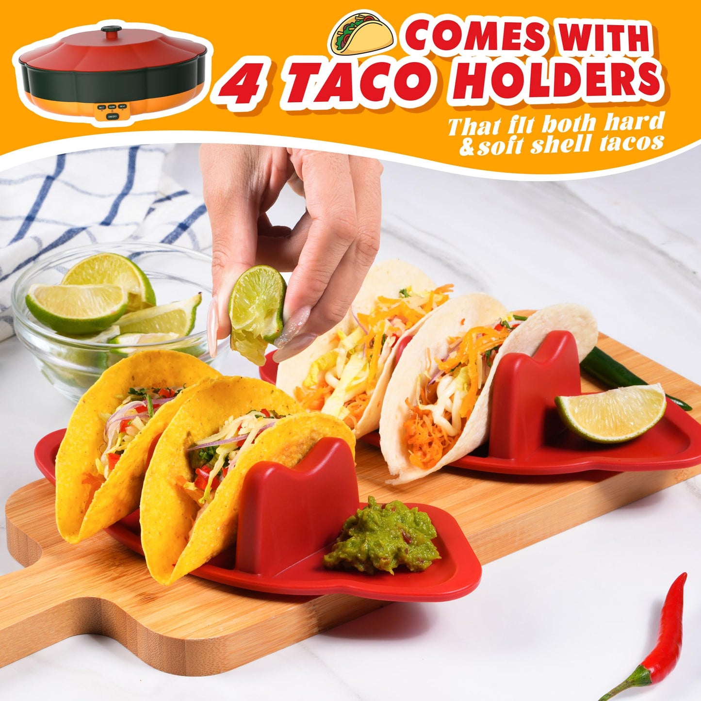 Taco Tuesday Kit - Taco Bar Serving Set for a Party with 33oz Heated Pot, 4 Taco Holders, Detachable Lazy Susan Tray, Perfect for Parties, Nachos Taco Night Fiesta Unique Couple & Housewarming Gift