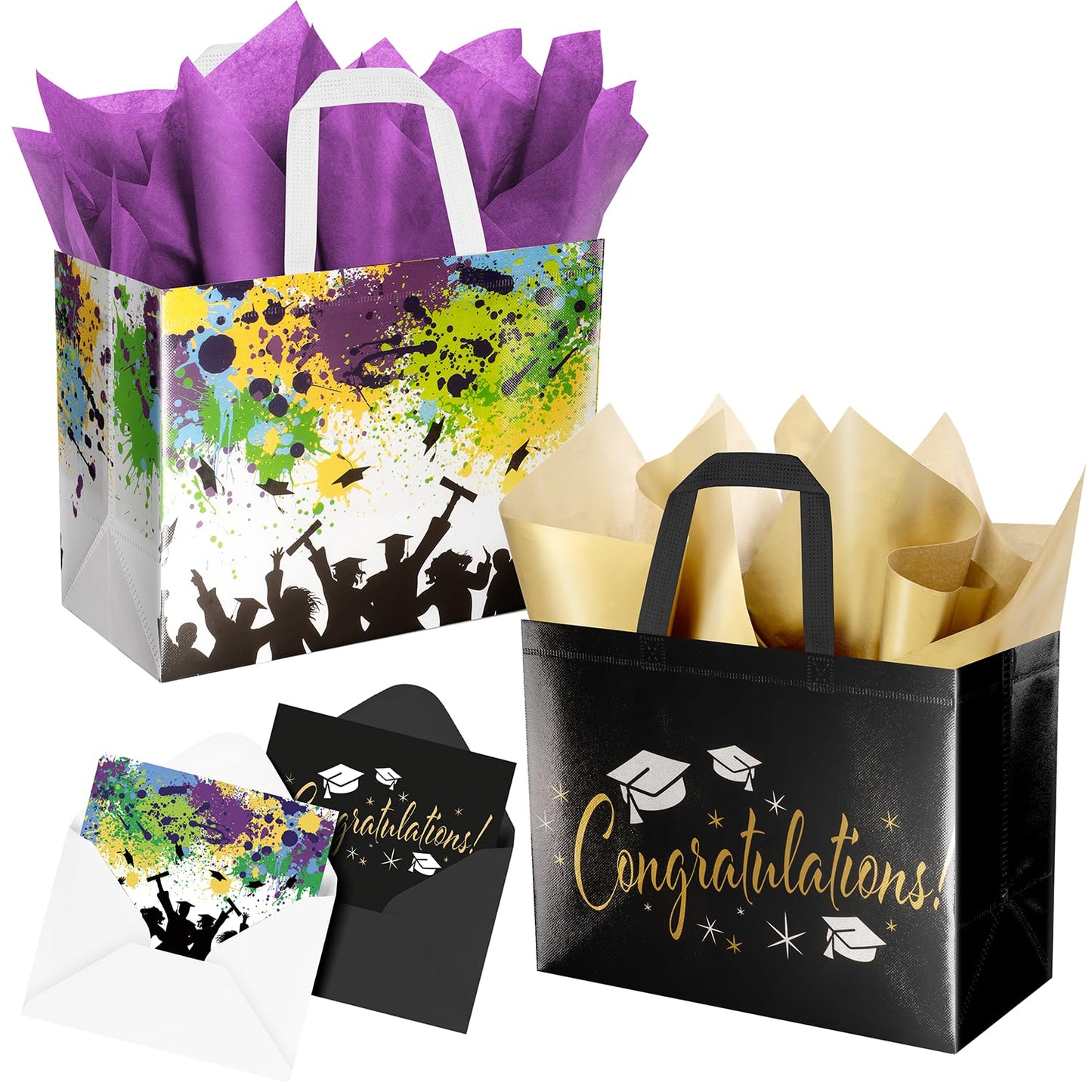 ysmile 2-Pack 2026 Graduation Gift Bags with Tissue Paper & Cards – Reusable Non-Woven Totes for Grad Congrats (12.6", White Colorful & Black Gold)
