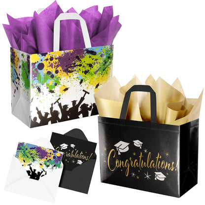 ysmile 2-Pack 2026 Graduation Gift Bags with Tissue Paper & Cards – Reusable Non-Woven Totes for Grad Congrats (12.6", White Colorful & Black Gold)