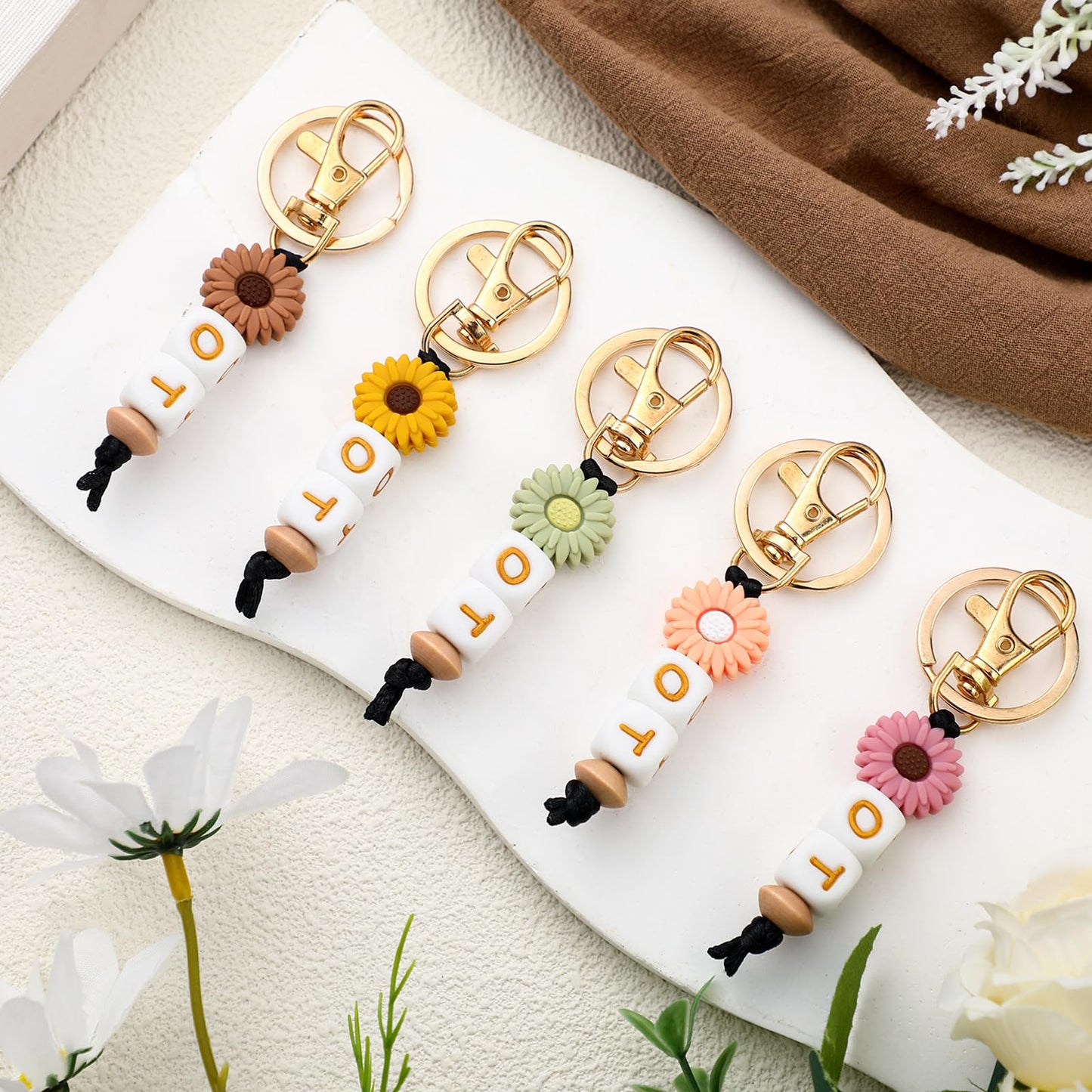 5 Pack Occupational Therapy Keychain Gifts Boho Silicone OT Keychain for Occupational Therapist Sunflower OT Graduation Appreciation Gifts for Women Therapist Nurse Teacher Student