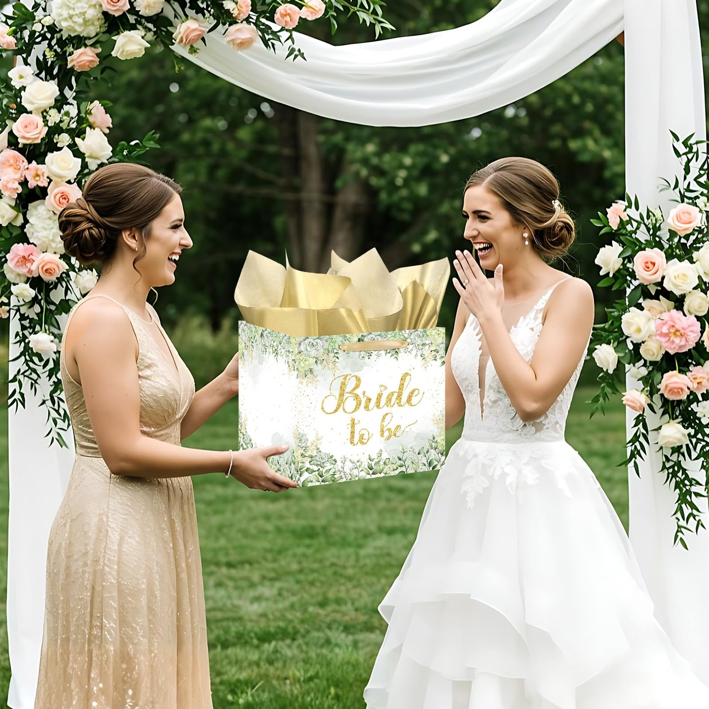 Woosytoo Large Bridal Shower Square Gift Bags Sage Green Bride Gift Bag with Tissue Paper Bridal Wrapping Paper Bachelorette Engagement Wedding Shower Favor Bag for Bride to Be Party Decoration
